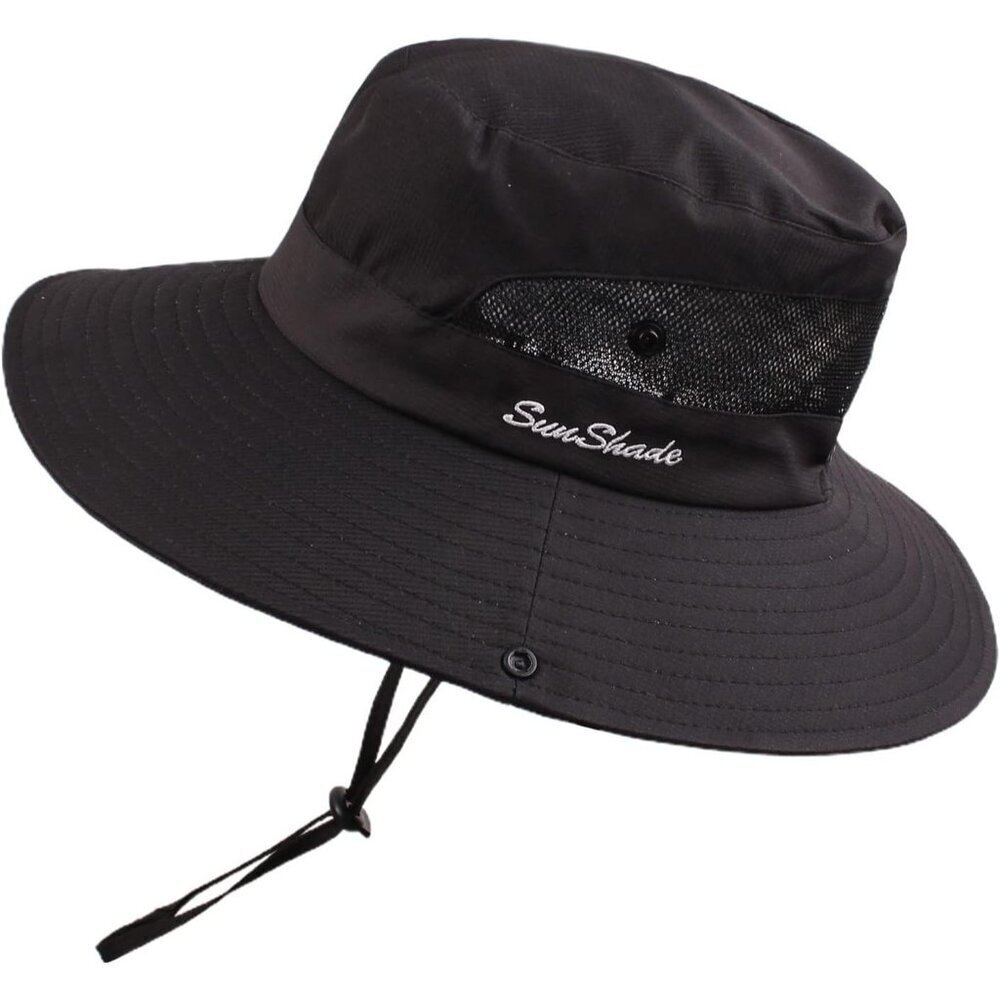 Unisex Black 100% Polyester Wide Brim Mesh Vent Chin Strap Classic Cowboy Hat